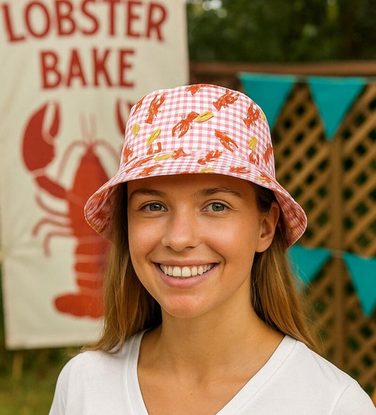 Gingham Lobster and Butter Bucket Hat, Summer Vacation Seafood Lover Cap, Beach Hat, Holiday Sun Hat, Tropical Travel Headwear