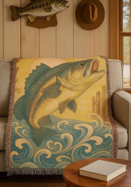 Bass Fishing Blanket for Men, Vintage Woven Throw, Fisherman Gift, Lakehouse Decor, Coastal Cabin Blanket, Lucky Levi Outdoor Lifestyle Gift