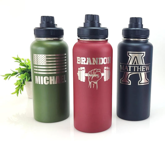 Personalized 32oz Water Bottle, Custom Engraved, Insulated Stainless Steel, Spill Proof Lid, With Handle, Personalized Gift, Name Bottles