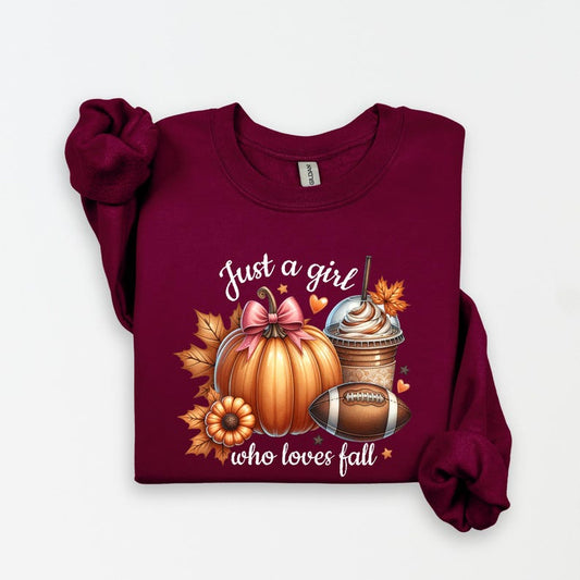 Just A Girl Who Loves Fall Sweatshirt, Fall Crewneck, Fall Shirt, Football Mom Shirt, Coffee Lover Shirt, Fall Shirt, Thanksgiving Shirt