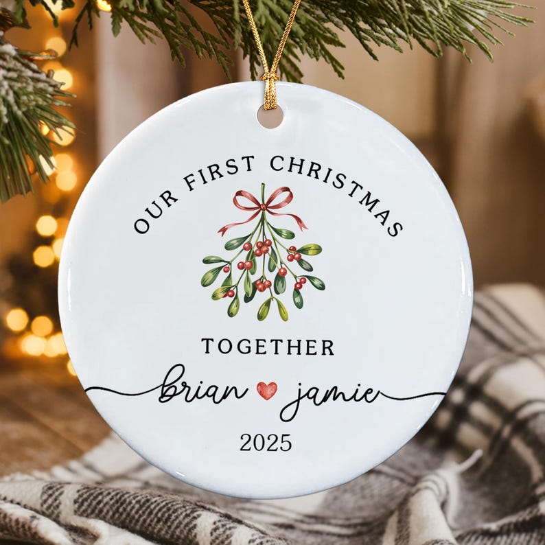 Personalized Couple Ornament, Our First Christmas Together, Mistletoe Ceramic Ornaments