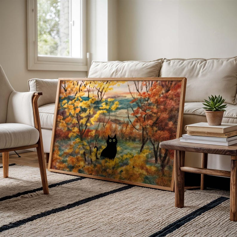 Black Cat Autumn Landscape Art Print, Fall Foliage Forest Painting, Cozy Cottagecore Wall Decor, Fine Art Print Gift For Cat Lover PS0779