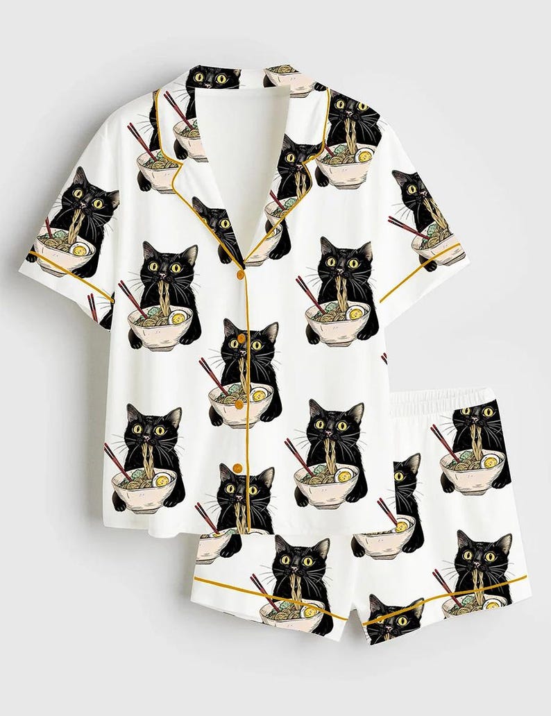 Women's Noodle Cat Short Sleeve Satin Pajama Set, Sleepwear, Cute Funny Noodle Cat Print PJs, Kawaii Summer Lounge Set for Her
