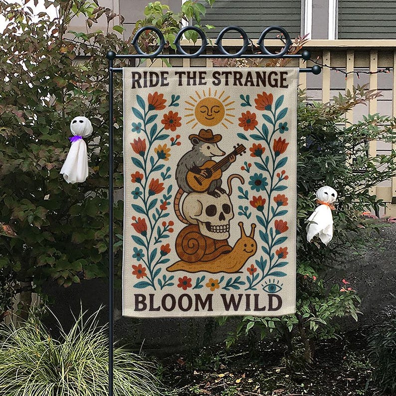 Ride the Strange Garden Flag, Bloom Wild Possum Decor, Whimsical Skull Yard Banner, Folk Outdoor Flag, Cottagecore Gift, Wild Garden Flag