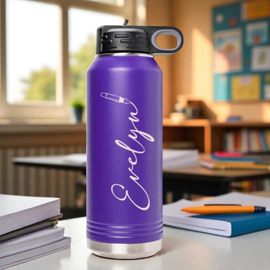 Personalized School Water Bottle,Name Laser Engraved Stainless Steel Teacher Tumbler, Back to School Gifts
