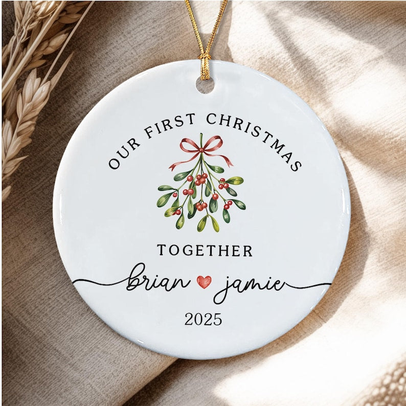 Personalized Couple Ornament, Our First Christmas Together, Mistletoe Ceramic Ornaments