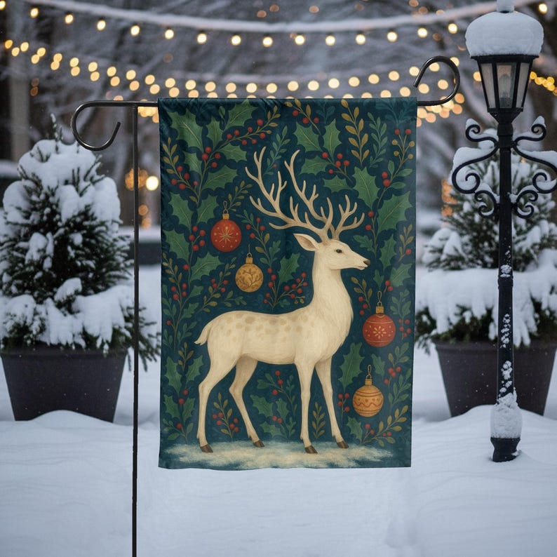 Christmas Garden Flag with White Deer and Ornaments, Winter Holiday Yard Decoration, Elegant Festive Outdoor House Flag, Snowy Porch Decor