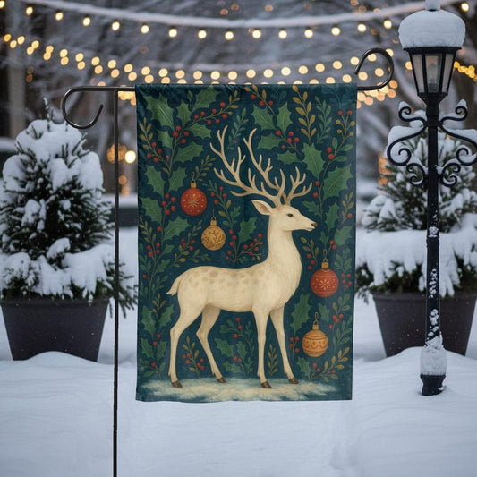 Christmas Garden Flag with White Deer and Ornaments, Winter Holiday Yard Decoration, Elegant Festive Outdoor House Flag, Snowy Porch Decor