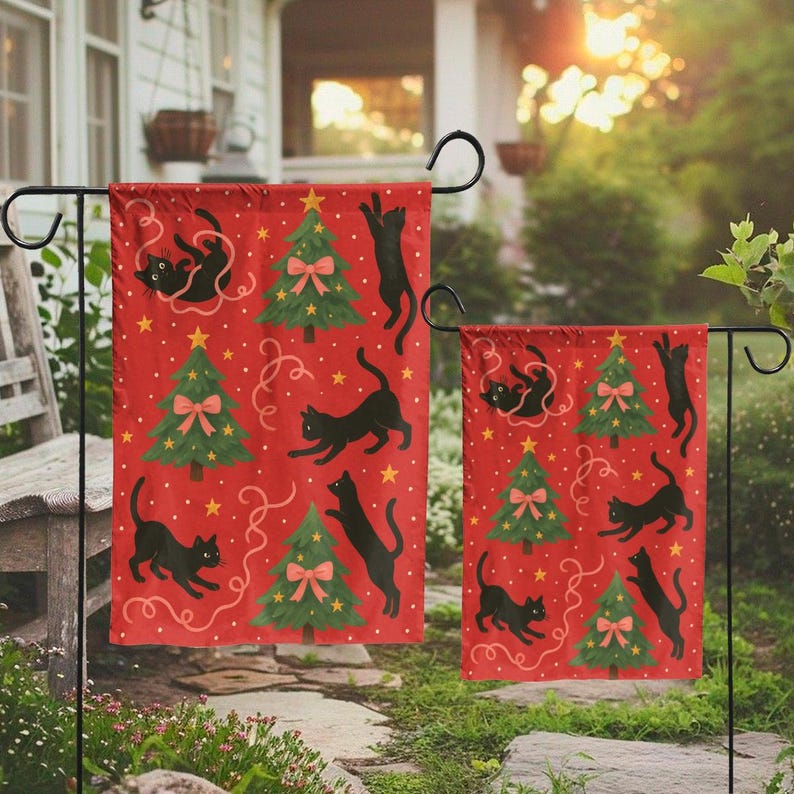 Christmas Cat Garden Flag, Black Cats Holiday Yard Decor, Funny Xmas Outdoor Decoration with Trees and Stars, Double Sided Winter Flag