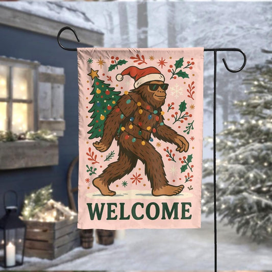 Bigfoot Christmas Garden Flag, Funny Sasquatch Holiday Yard Decoration, Outdoor Welcome Xmas Flag, Winter Porch Decor
