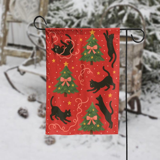 Christmas Cat Garden Flag, Black Cats Holiday Yard Decor, Funny Xmas Outdoor Decoration with Trees and Stars, Double Sided Winter Flag
