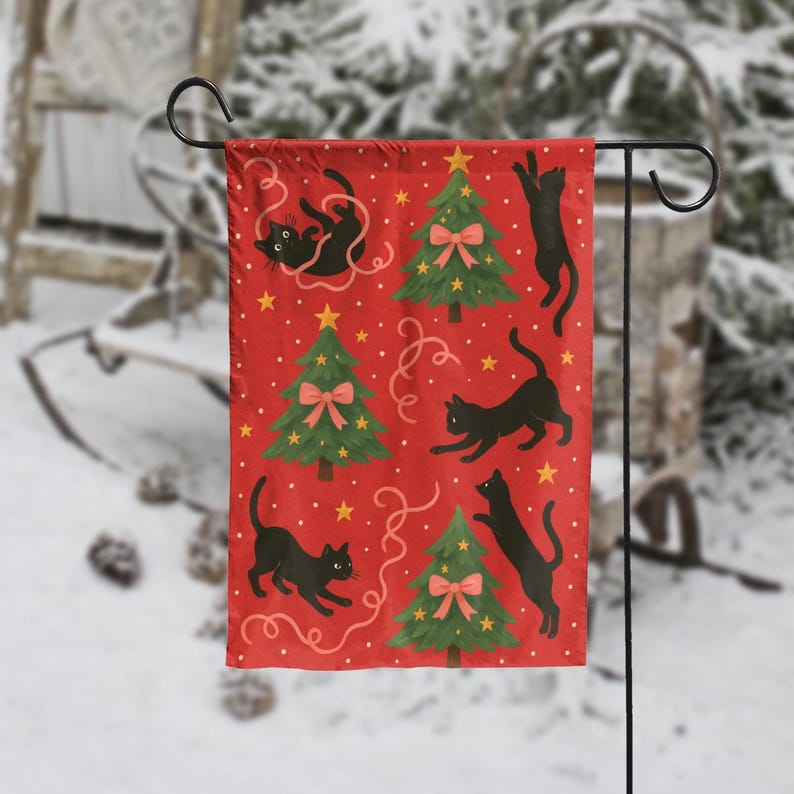 Christmas Cat Garden Flag, Black Cats Holiday Yard Decor, Funny Xmas Outdoor Decoration with Trees and Stars, Double Sided Winter Flag