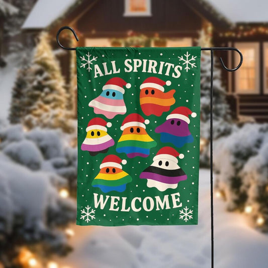 All Spirits Welcome Christmas Garden Flag, Holiday Outdoor Yard Decor, Colorful Ghost Pride Winter House Flag with Santa Hats,Inclusive Xmas