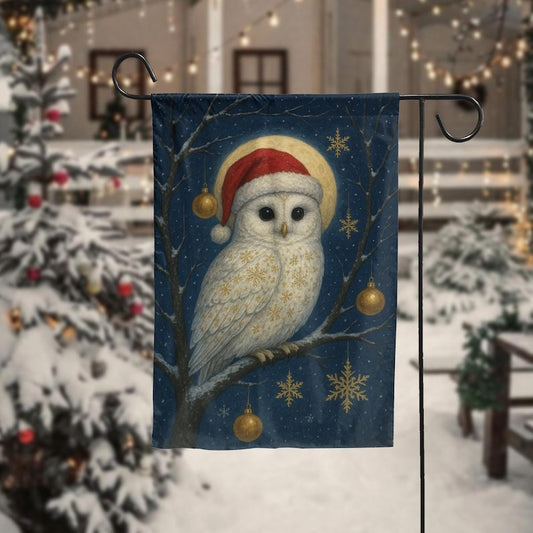 Christmas Owl Garden Flag, Holiday Outdoor Yard Decor, Winter Snow Owl Flag, Santa Hat Garden Banner, Seasonal House Decoration, Xmas Decor