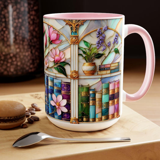 Floral Bookshelf Coffee Mug, Bookish Stained-Glass Style Mug, Book Lover Gift, Reading Mug for Women, Library Aesthetic Cup 15oz