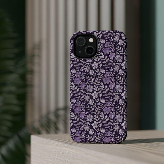 Purple Flowers Print Magsafe iPhone Case, Retro Boho Floral Phone Accessories, Protective Phone Cover, iPhone 17 16 15 14 13 Pro Max