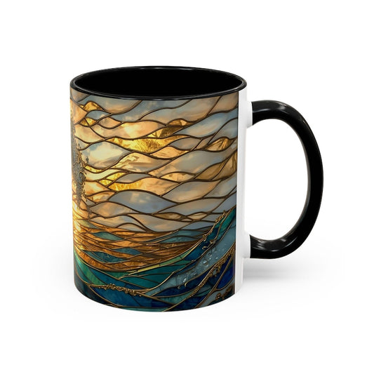 Stained Glass Style Ocean Wave In Sunrise Ceramic Coffee Mug For Nautical Lover