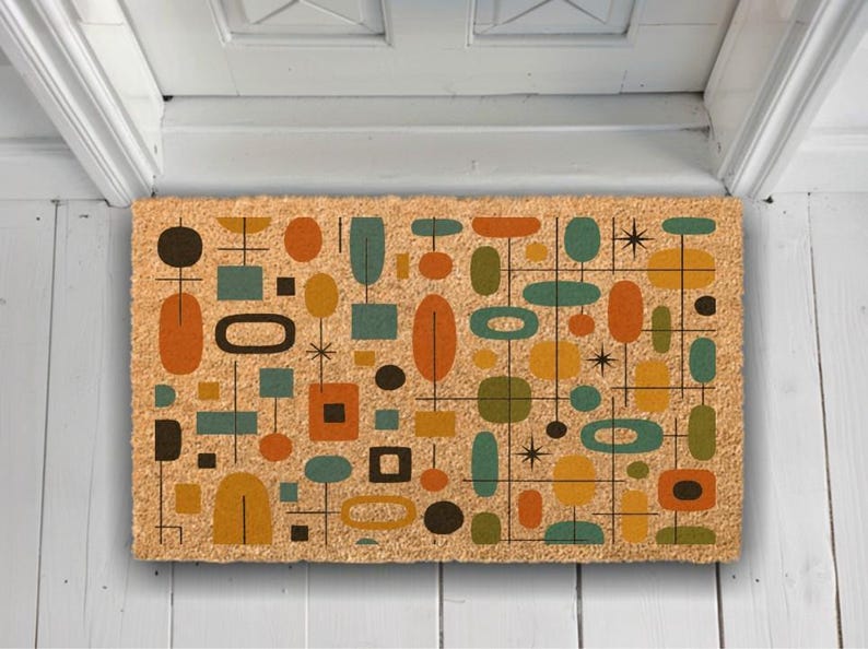 Mid Century Modern Coir Doormat, Geometric Retro Decor