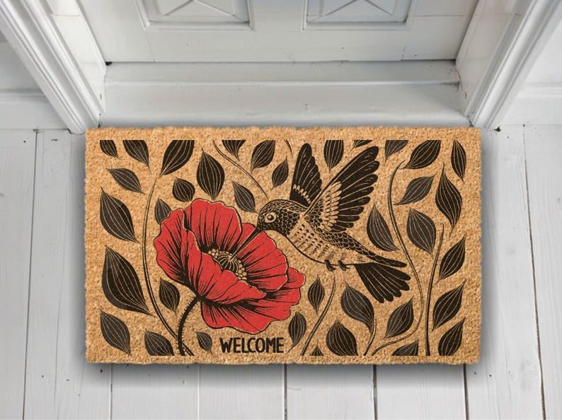 Hummingbird Poppy Coir Doormat, Nature Inspired Floral Entryway Rug