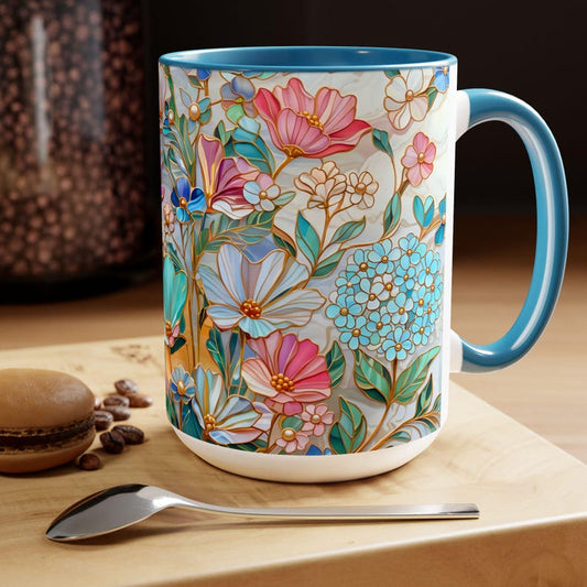 Floral Stained Glass Style Mug 15oz, Romantic Pastel Coffee Cup, Pink Wildflower Tea Mug, Flower Lover Gift, Aesthetic Floral Kitchen Decor