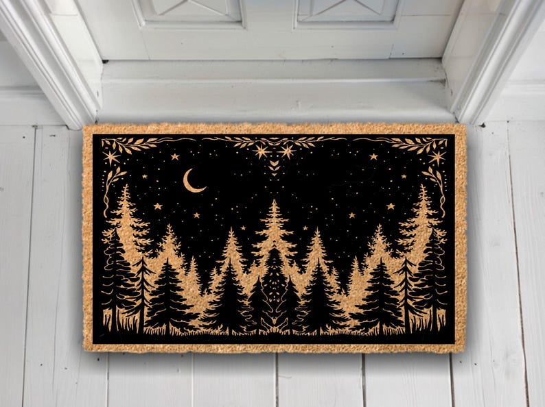 Rustic Coir Doormat, Woodland Pine Tree Night Sky Design