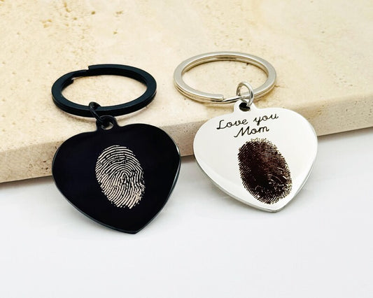 Heart Fingerprint Keychain, Deep Laser Engraved Stainless Steel, Memorial Keepsake