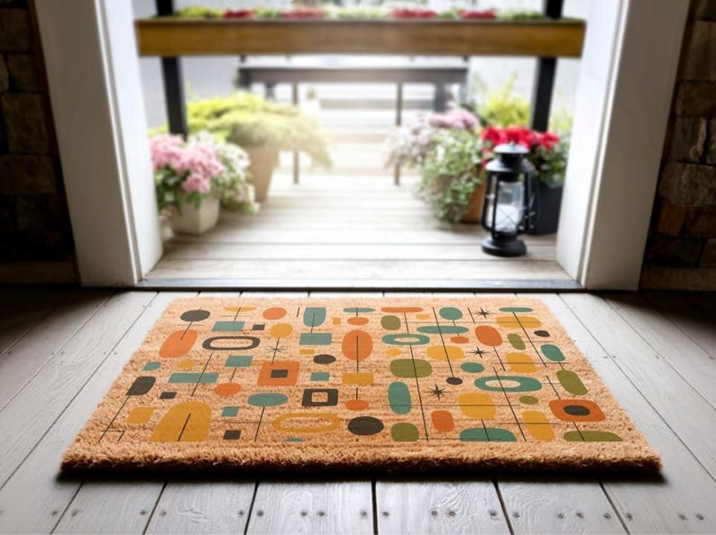 Mid Century Modern Coir Doormat, Geometric Retro Decor