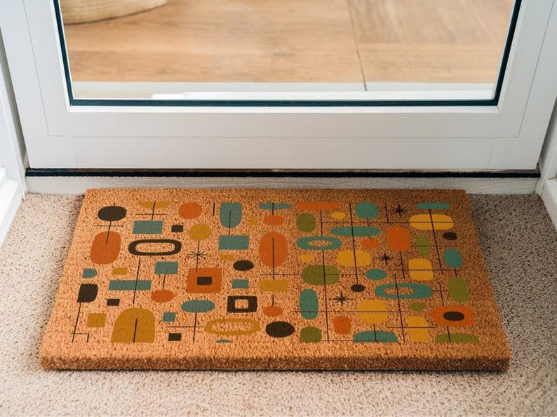 Mid Century Modern Coir Doormat, Geometric Retro Decor