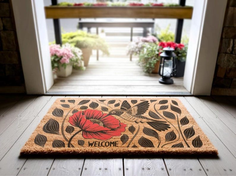 Hummingbird Poppy Coir Doormat, Nature Inspired Floral Entryway Rug