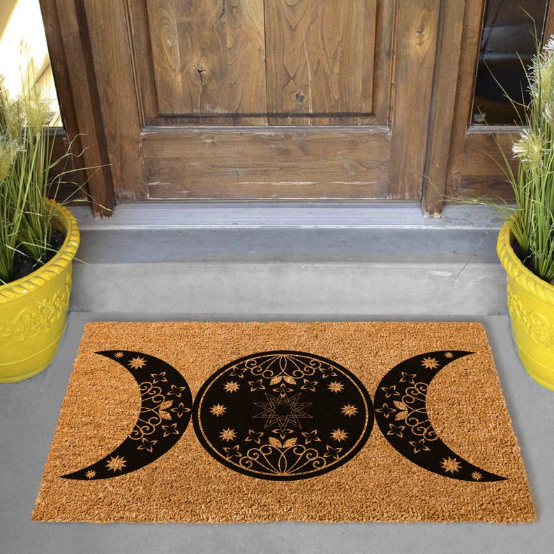 Triple Moon Doormat, Celestial Boho Wiccan Decor, Natural Coir Welcome Mat