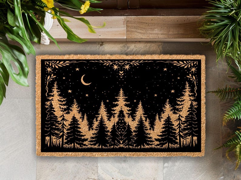 Rustic Coir Doormat, Woodland Pine Tree Night Sky Design