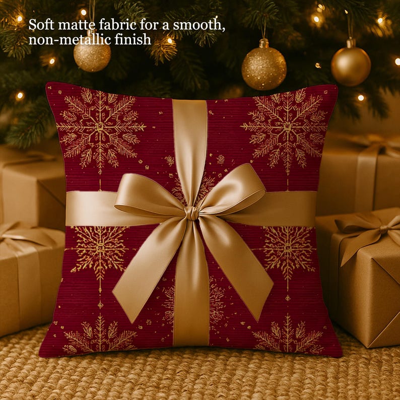 Christmas Gold Snowflakes Pattern Pillow Cover, Festive Winter Cabin Chic, Decorative Cushion Case, Holiday Home Luxe Decor Pillowcase Gift