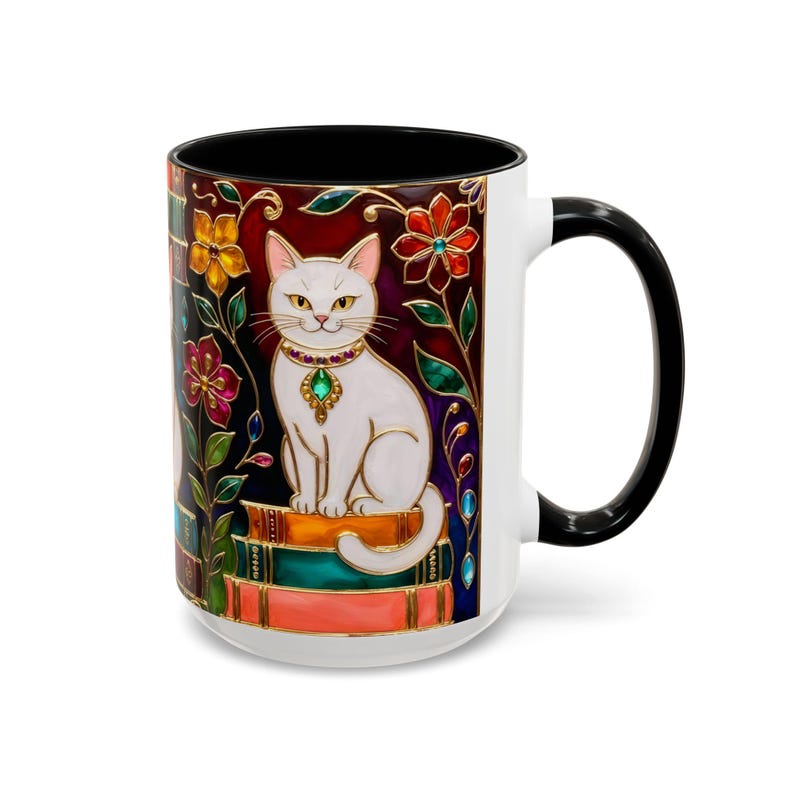 Stained Glass Style Cat Mug, Book Lover Ceramic Coffee Cup Bookish 15oz