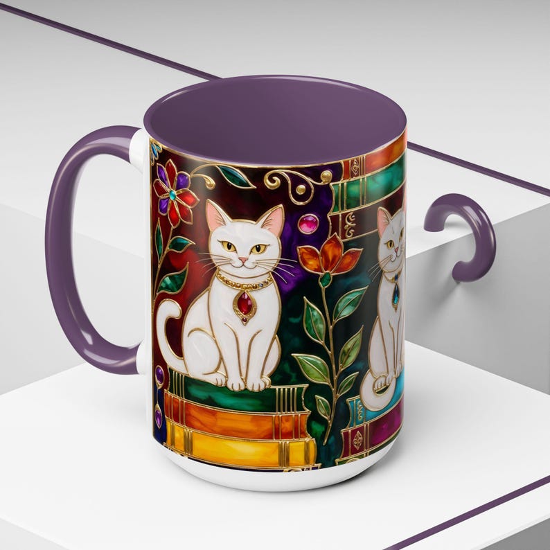 Stained Glass Style Cat Mug, Book Lover Ceramic Coffee Cup Bookish 15oz