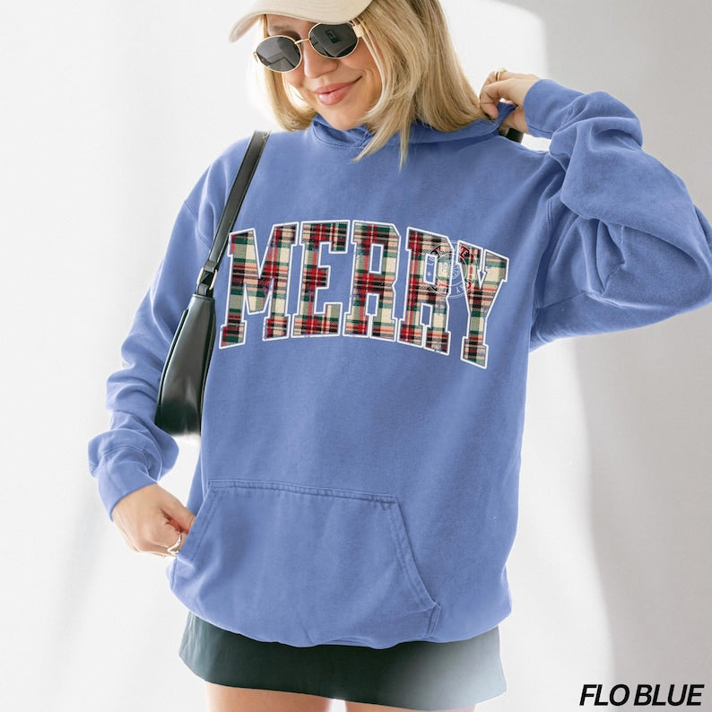 Comfort Colors® Christmas Hoodie, Plaid Merry Christmas Hoodie, Holiday Hoodie, Christmas Gift, Festive Holiday Sweatshirt, Preppy Christmas