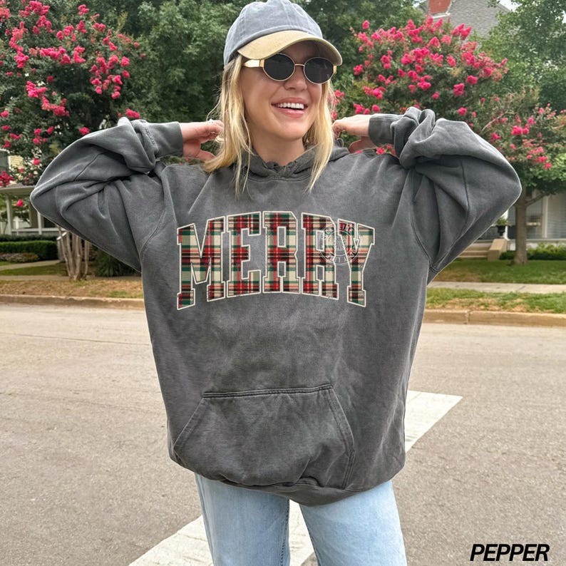 Comfort Colors® Christmas Hoodie, Plaid Merry Christmas Hoodie, Holiday Hoodie, Christmas Gift, Festive Holiday Sweatshirt, Preppy Christmas