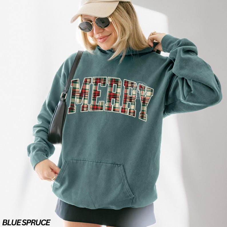 Comfort Colors® Christmas Hoodie, Plaid Merry Christmas Hoodie, Holiday Hoodie, Christmas Gift, Festive Holiday Sweatshirt, Preppy Christmas