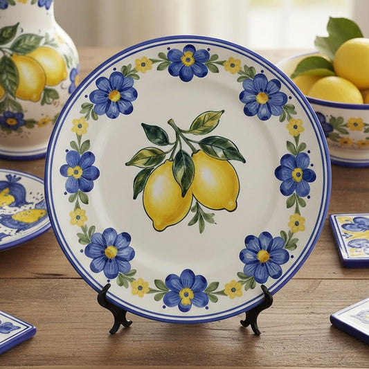 Amalfi Lemon & Blue Floral Decorative Ceramic Plate, Majolica Wall Art
