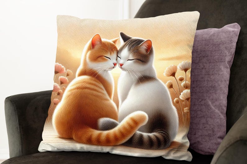 Cat Couple Cushion Cover – Double Sided Print | Romantic Cat Pillow | Cozy Home Décor | Gift for Cat Lovers