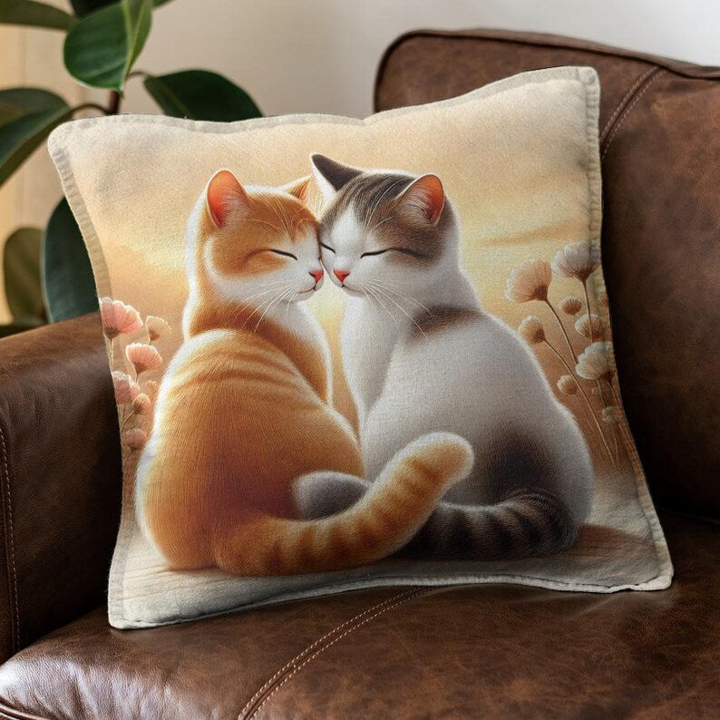 Cat Couple Cushion Cover – Double Sided Print | Romantic Cat Pillow | Cozy Home Décor | Gift for Cat Lovers