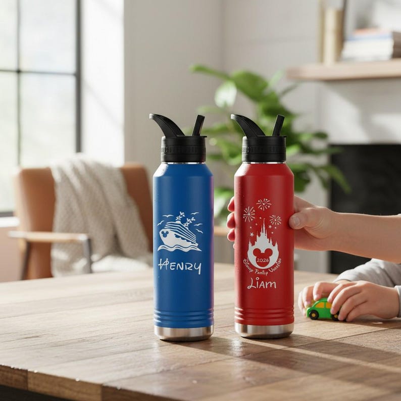 Personalized Disney Water Bottle, Mickey Minnie Disney Castle Cruise Engraved Stainless Steel Tumbler, Disney 2026 Family Cups