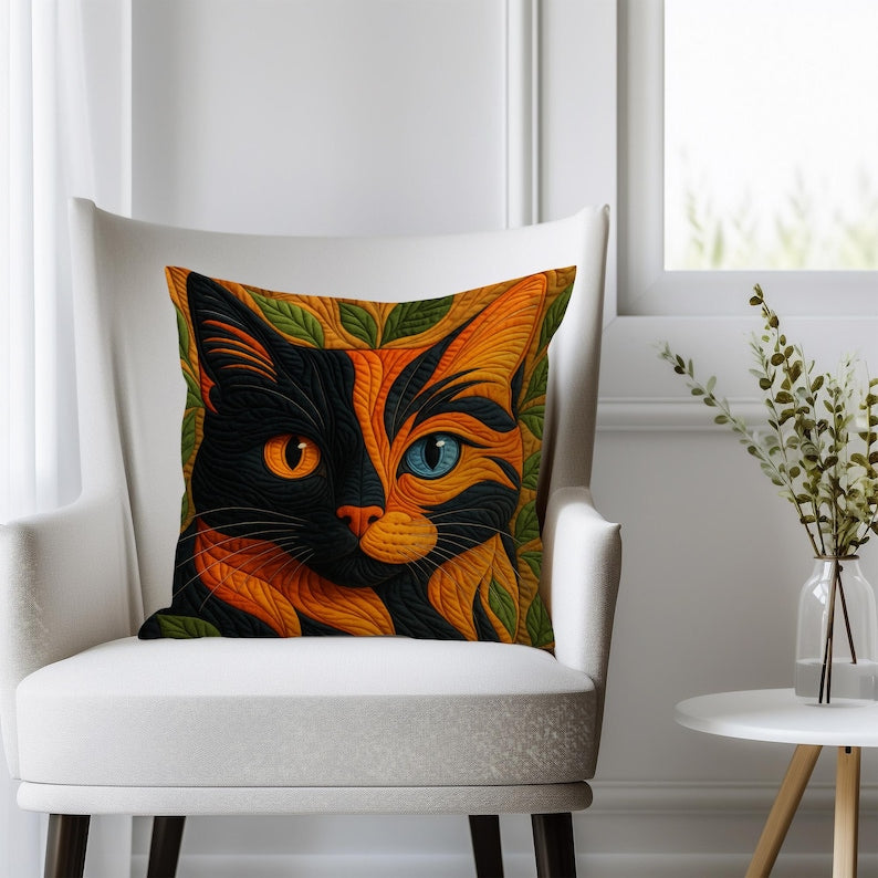 Calico Cat Art Pillow Cover, Colorful Cat Cushion Cover, Printed Finish Resembles a Quilted Style Look, Boho Cat Throw Pillow,Cat Lover Gift