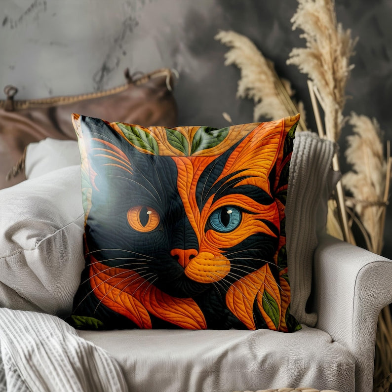 Calico Cat Art Pillow Cover, Colorful Cat Cushion Cover, Printed Finish Resembles a Quilted Style Look, Boho Cat Throw Pillow,Cat Lover Gift