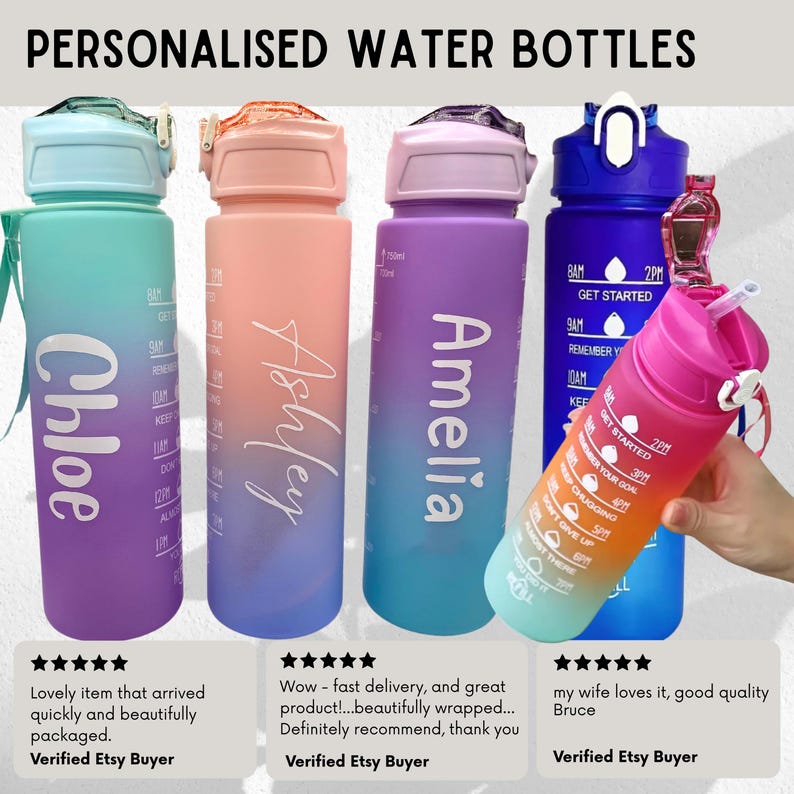Personalised Motivational Water Bottle with Pop Up Straw and Time Markings, Leak Proof, BPA free