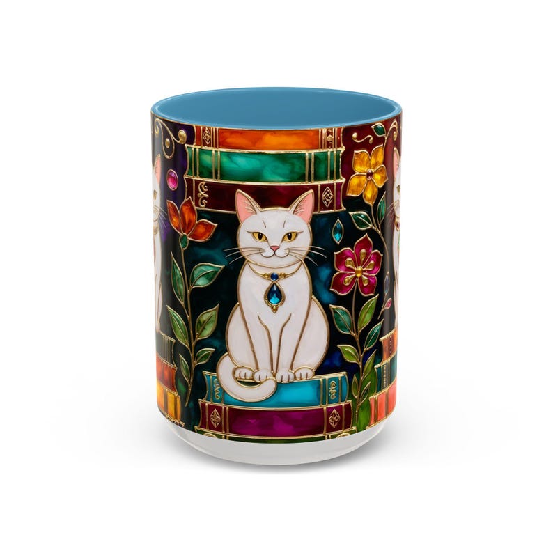 Stained Glass Style Cat Mug, Book Lover Ceramic Coffee Cup Bookish 15oz