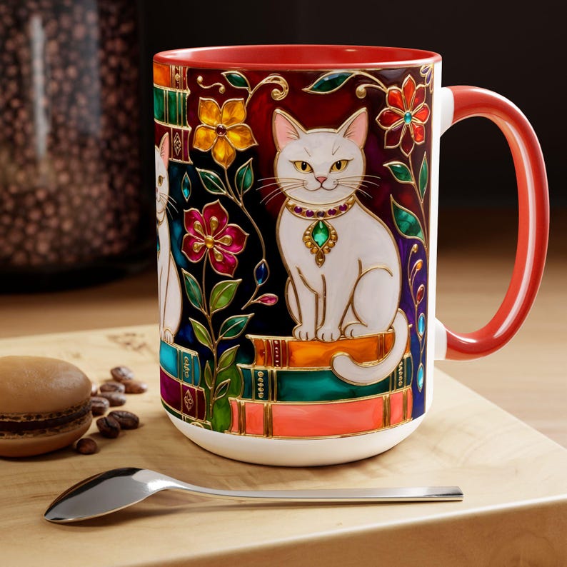 Stained Glass Style Cat Mug, Book Lover Ceramic Coffee Cup Bookish 15oz
