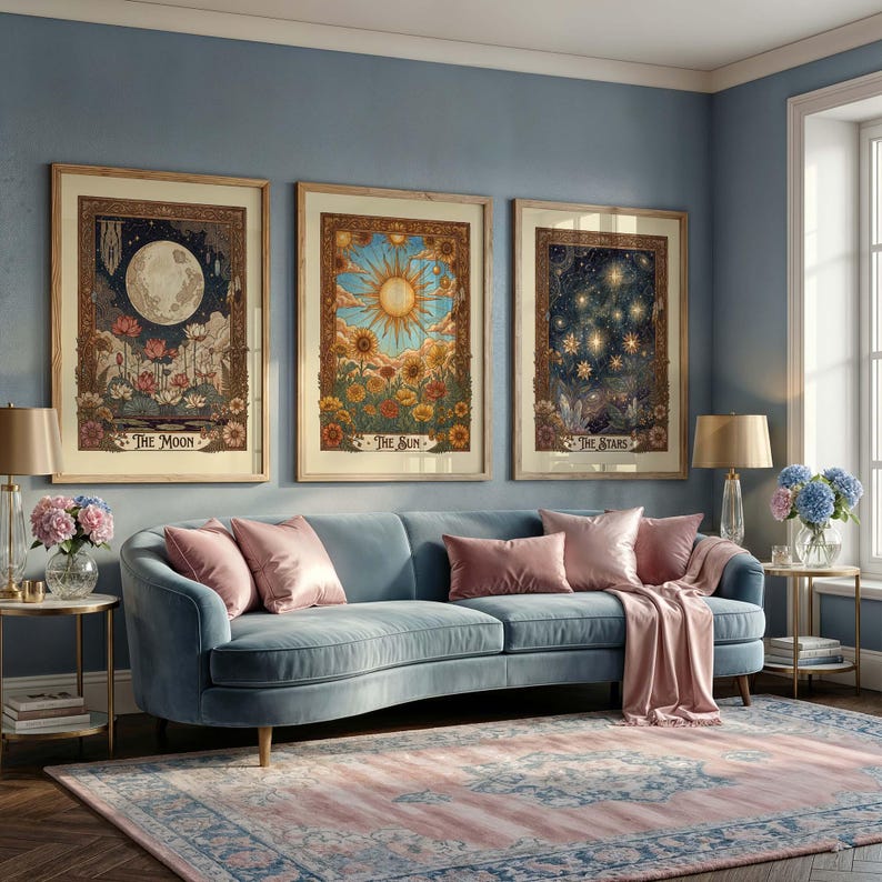Tarot Wall Art Set: Vintage Celestial Botanical Prints (Sun Moon Stars)