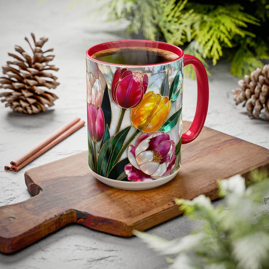 Tulips Mug Stained Glass Style, Floral Coffee Cup, Spring Flower Mug, Colorful Tulip Gift for Her, Mom, Teacher, Art Lover, 15oz
