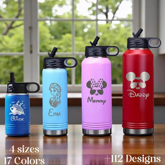 Custom Disney Water Bottle, Personalized Kids Tumbler with Name, First Family Disney Trip Laser Engraved Cup, Gift for Kids