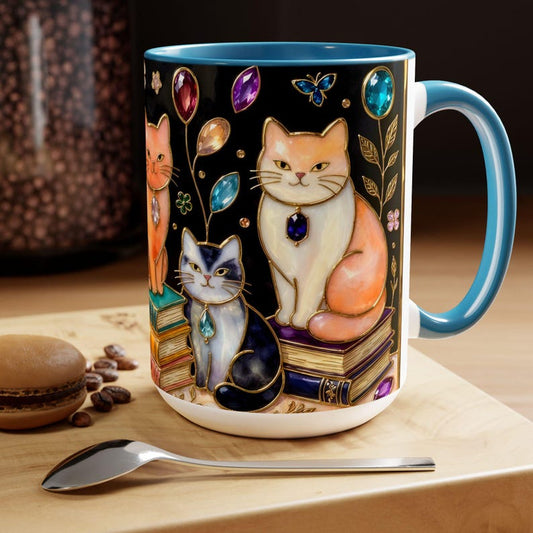 Stained Glass Style Cat Mug, Colorful Cats on Books, Cute Cat Lover Gift, Fantasy Bookish Art Cup 15oz